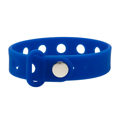 blue silicone wrist band with a silver buckle on a white background