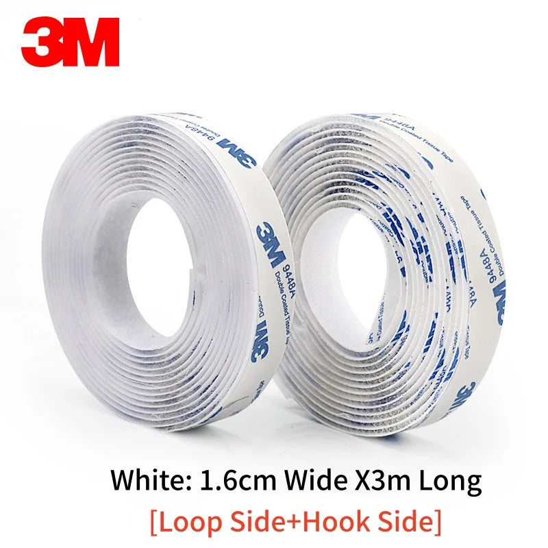 Two rolls of 3M white Velcro tape with specifications on a white background 1.6cm x 3meters 