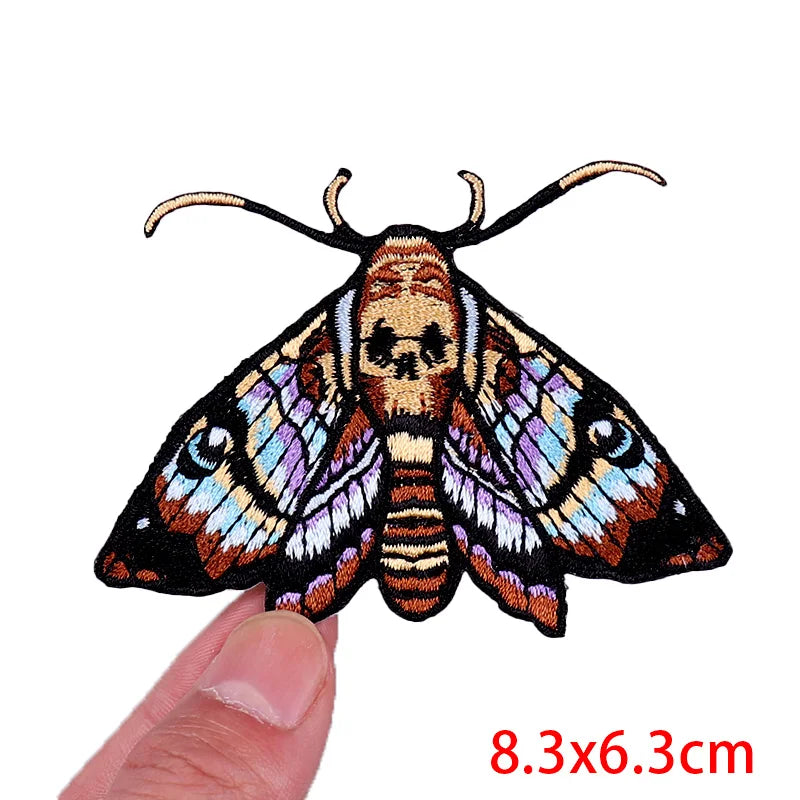Colorful moth patch held by a hand with dimensions displayed