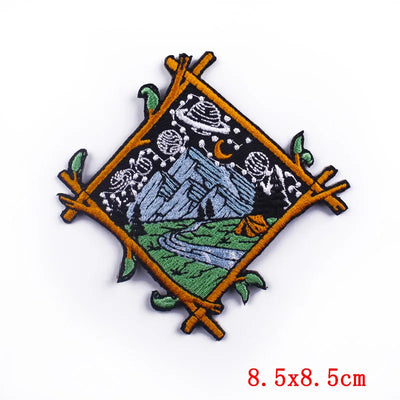 Embroidered patch with nature design and bamboo frame on a white background