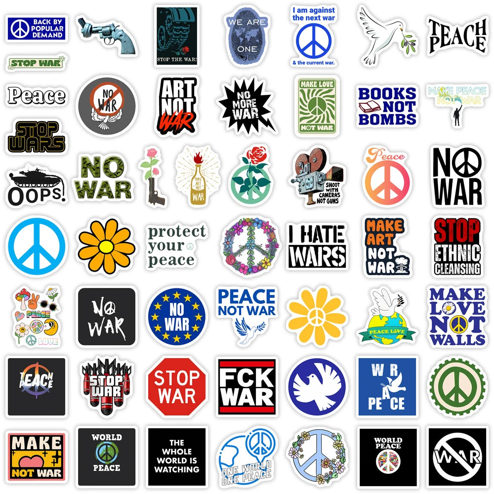 Collection of various peace and anti-war stickers on a white background