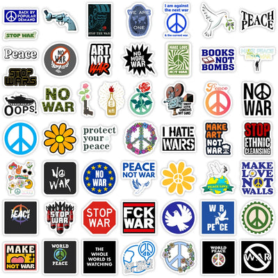 Collection of various peace and anti-war stickers on a white background
