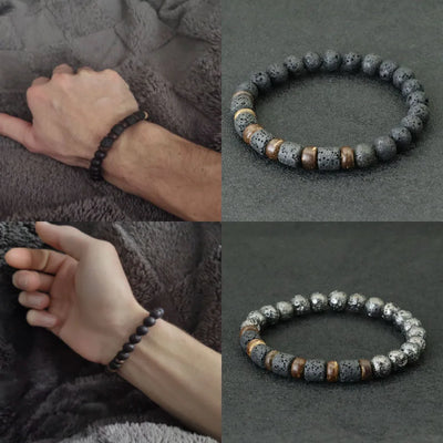 Collage of a beaded bracelet on a wrist and close-up views against a dark background.