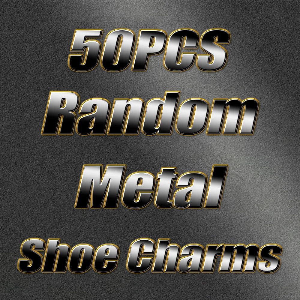 Promotional text for 50pcs random metal shoe charms on a dark background
