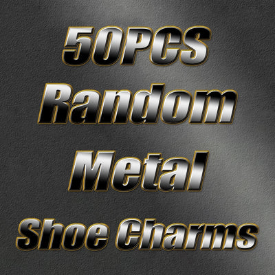 Promotional text for 50pcs random metal shoe charms on a dark background