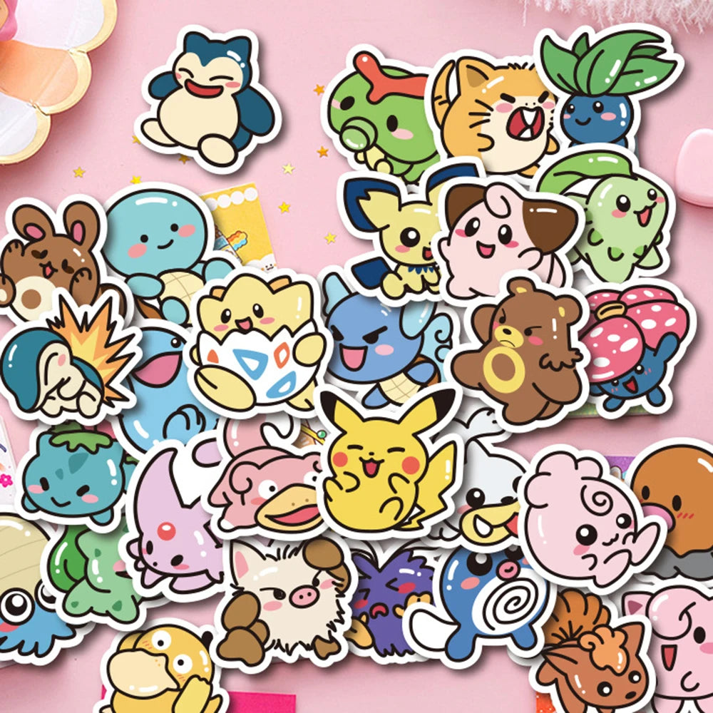 Collection of colorful cartoon stickers on a pink background