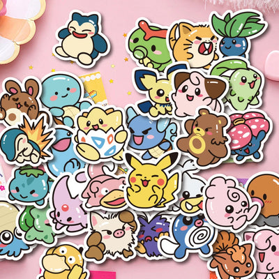 Collection of colorful cartoon stickers on a pink background