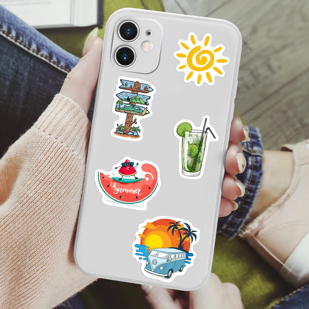 Phone case with summer-themed stickers held by a person