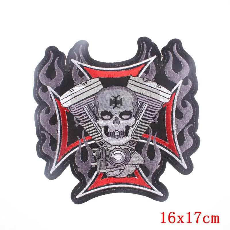 Motorcycle patch with skull and flames design on a white background, branded 'Prajna'.