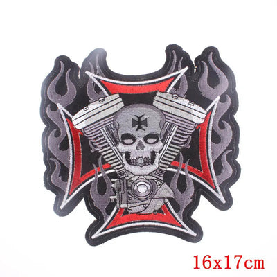 Motorcycle patch with skull and flames design on a white background, branded 'Prajna'.