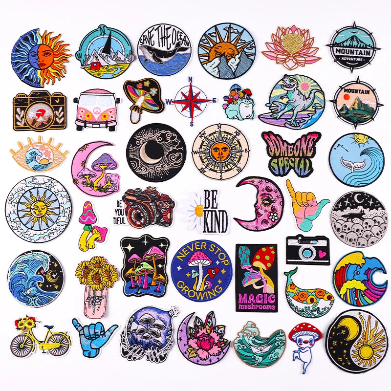 Collection of various colorful patches with different designs on a white background