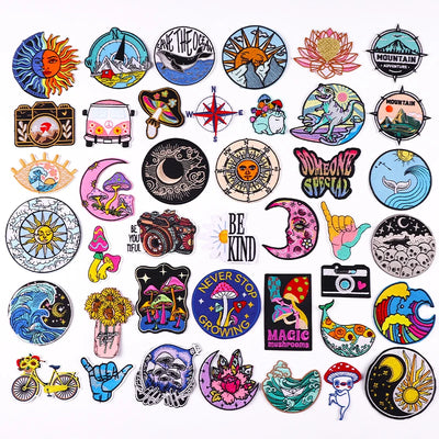Collection of various colorful patches with different designs on a white background