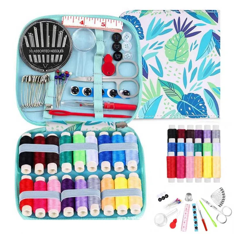 blue floral Sewing kit with colorful threads, needles, and tools in a tropical-themed case.
