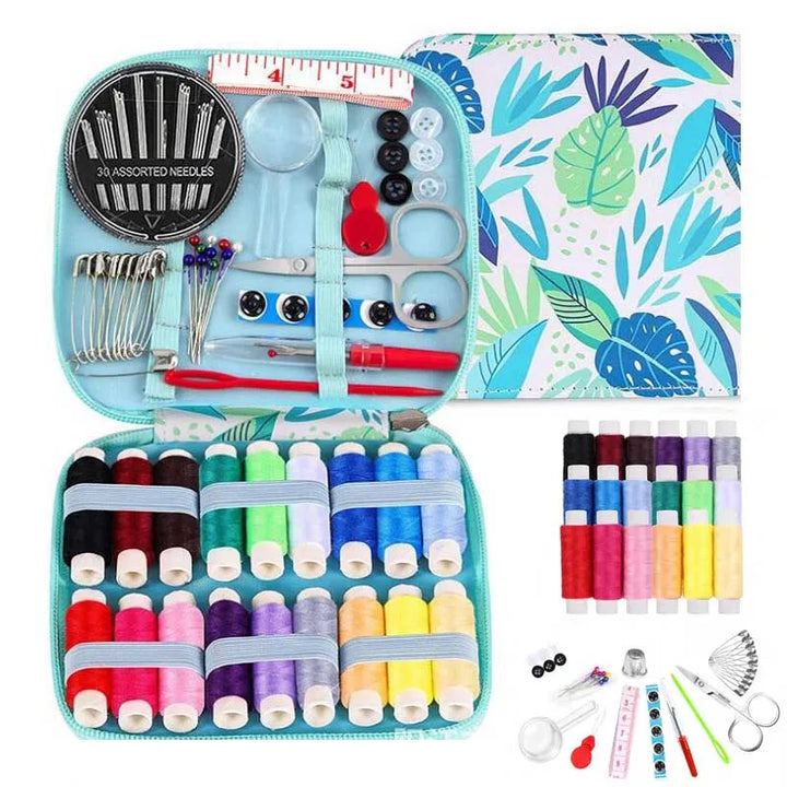 blue floral Sewing kit with colorful threads, needles, and tools in a tropical-themed case.