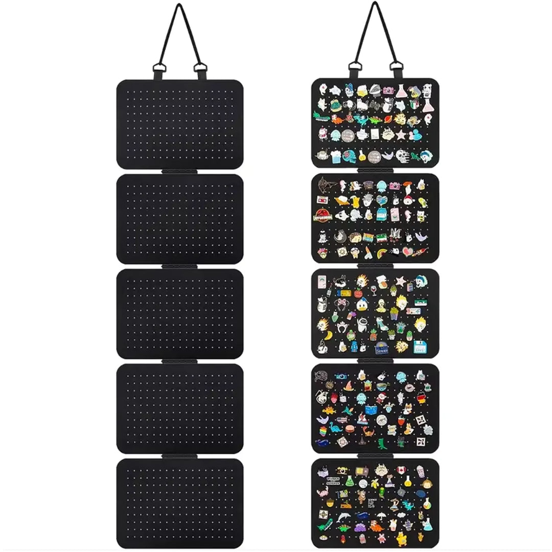 Black Hanging Felt Pin Display Panels with hanging hooks displaying various pins.