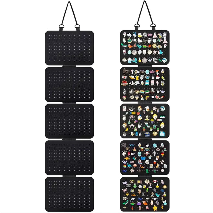 Black Hanging Felt Pin Display Panels with hanging hooks displaying various pins.