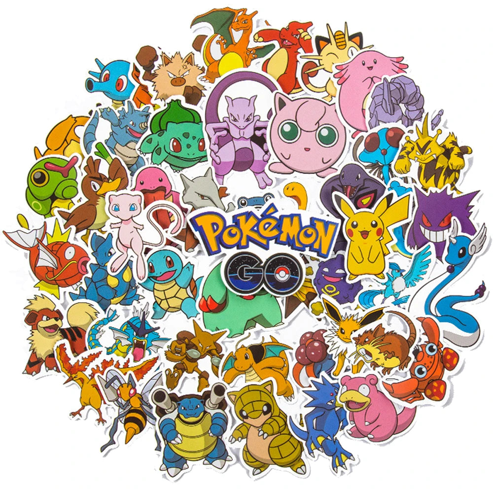 Collection of colorful Pokémon stickers with &