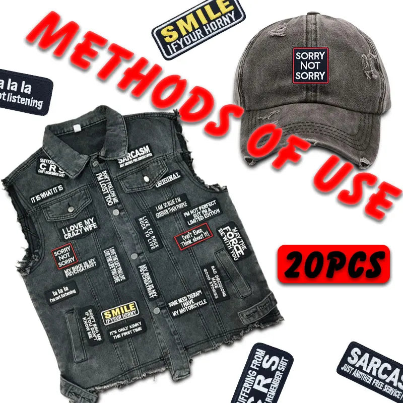 Black denim vest and cap with text patches on a white background