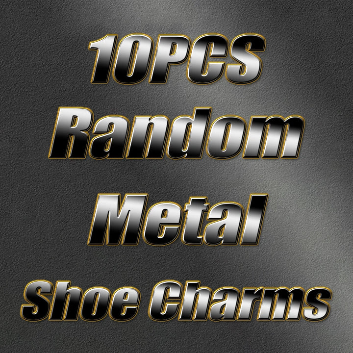 Promotional text for 10pcs random metal shoe charms on a dark background