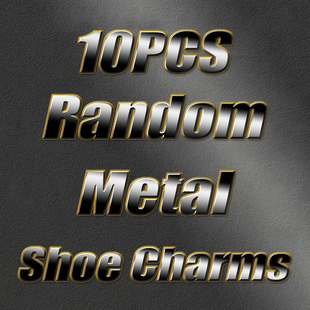 Promotional text for 10pcs random metal shoe charms on a dark background