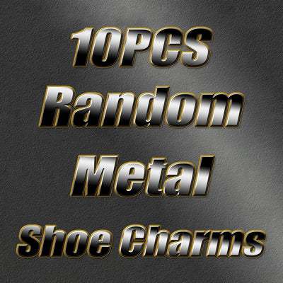 Promotional text for 10pcs random metal shoe charms on a dark background