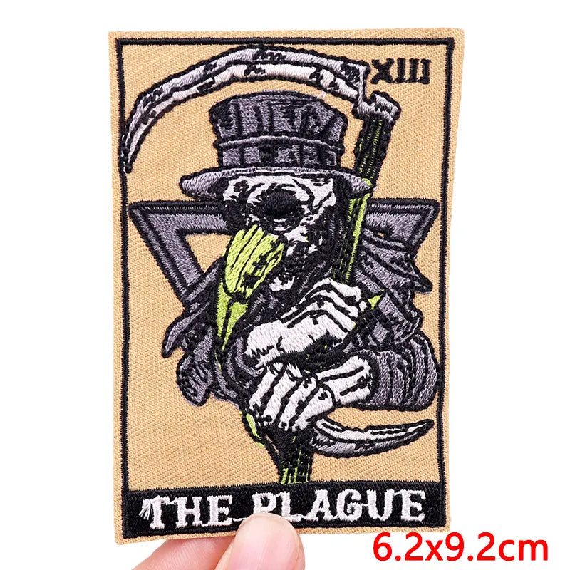 Patch with skeleton holding a plague doctor hat and scythe labeled 'The Plague' on beige background.