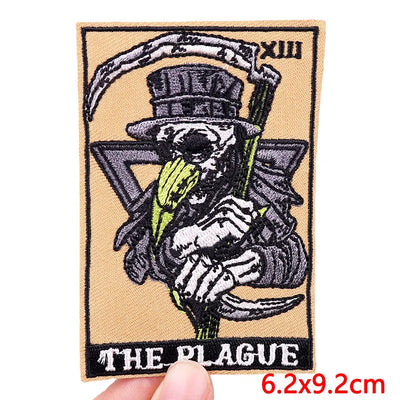 Patch with skeleton holding a plague doctor hat and scythe labeled 'The Plague' on beige background.