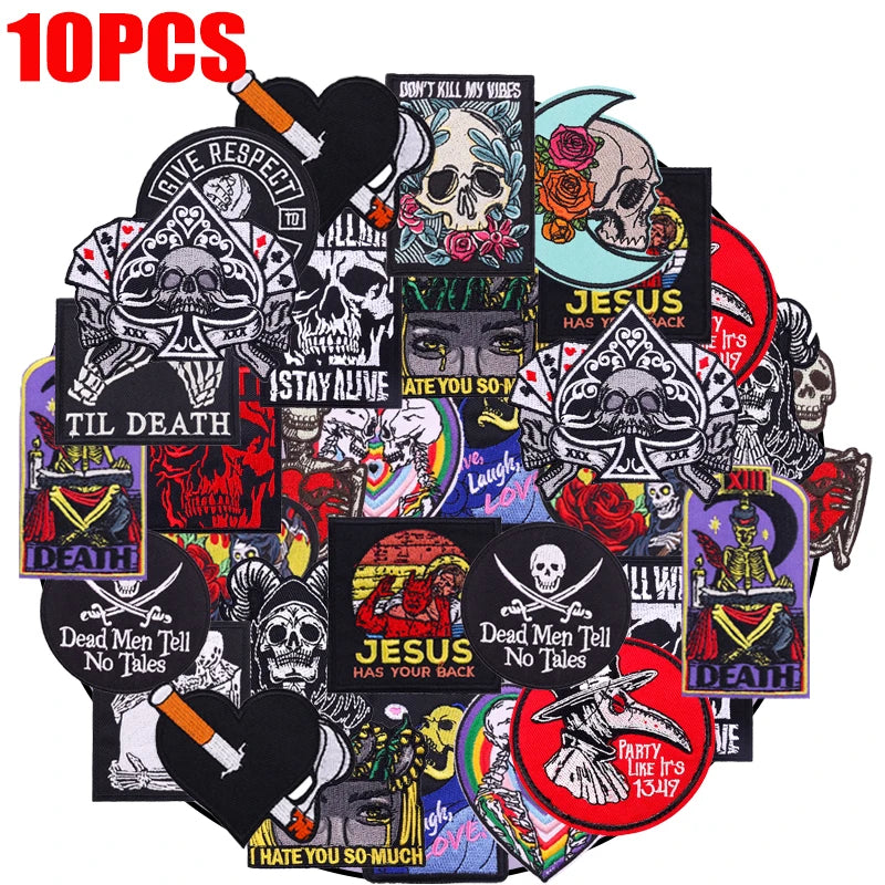 Collection of 10 colorful stickers with various designs on a white background