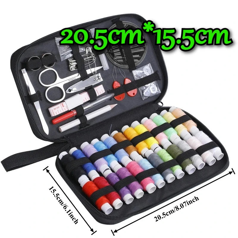 Sewing kit with various tools and thread spools in a black case, showing dimensions.