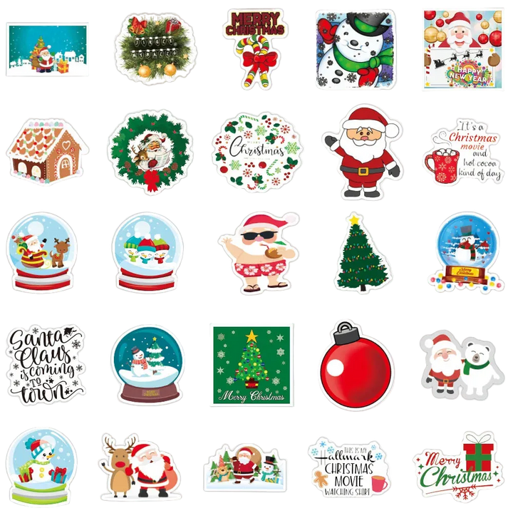 Collection of Christmas-themed stickers featuring Santa Claus, snow globes, and other festive designs.