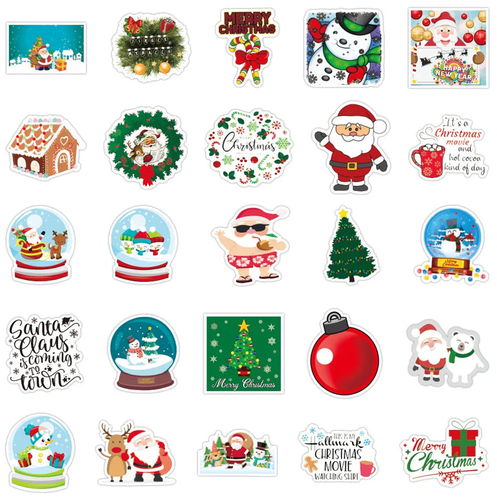 Collection of Christmas-themed stickers featuring Santa Claus, snow globes, and other festive designs.