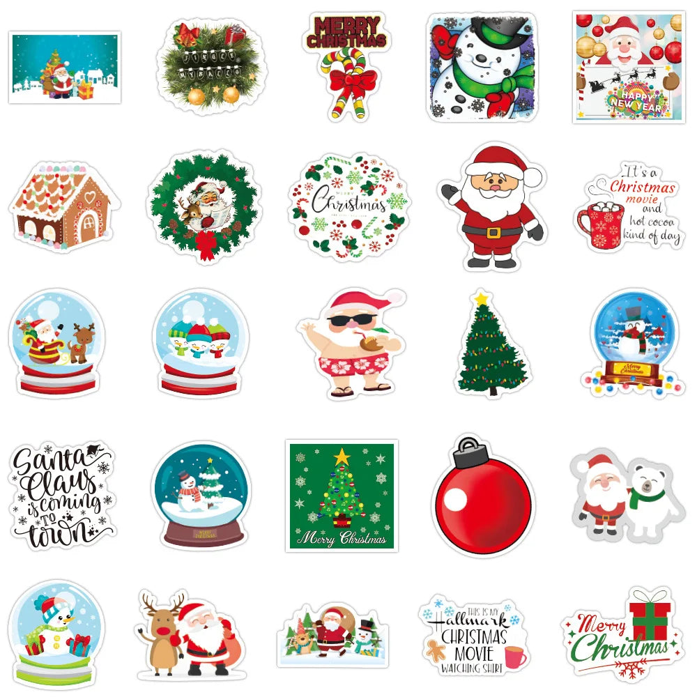 Collection of Christmas-themed stickers featuring Santa Claus, snow globes, and other festive designs.
