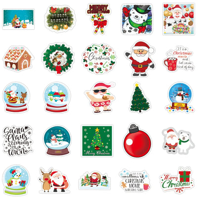 Collection of Christmas-themed stickers featuring Santa Claus, snow globes, and other festive designs.