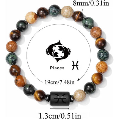 Pisces zodiac bracelet with colored beads and black Pisces symbol bead, measurements shown.