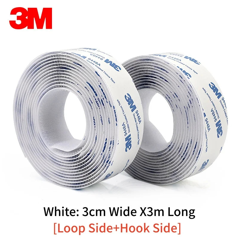 Two rolls of white Velcro 3M tape with specifications on a white background 3cm x 3meters 