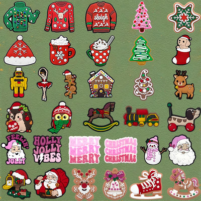 Shoe charms Collection of Christmas-themed decorative items on a green background