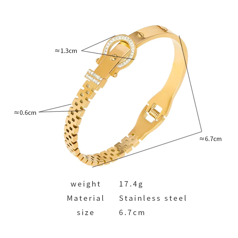 Gold bracelet with measurements and material details on a white background