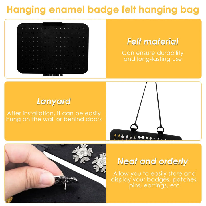 black Hanging Felt Pin Display Panel for enamel badge with features highlighted on a yellow background