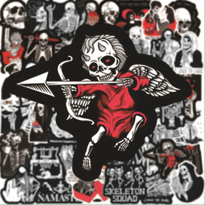Sticker design of a skeleton with an arrow, surrounded by other skeleton-themed images.