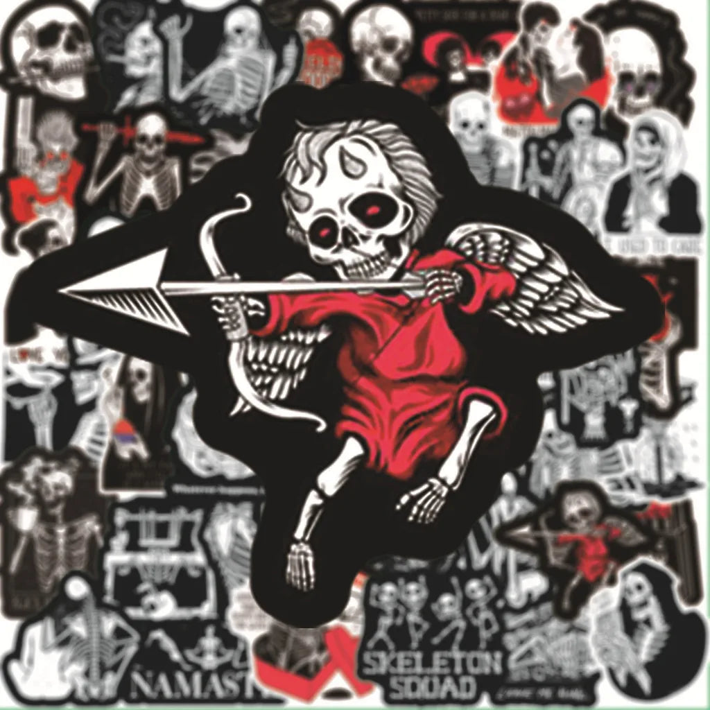 Sticker design of a skeleton with an arrow, surrounded by other skeleton-themed images.