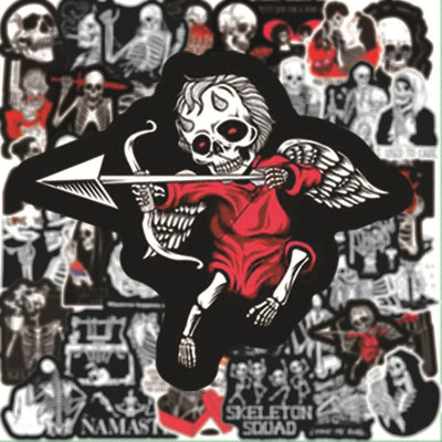 Sticker design of a skeleton with an arrow, surrounded by other skeleton-themed images.