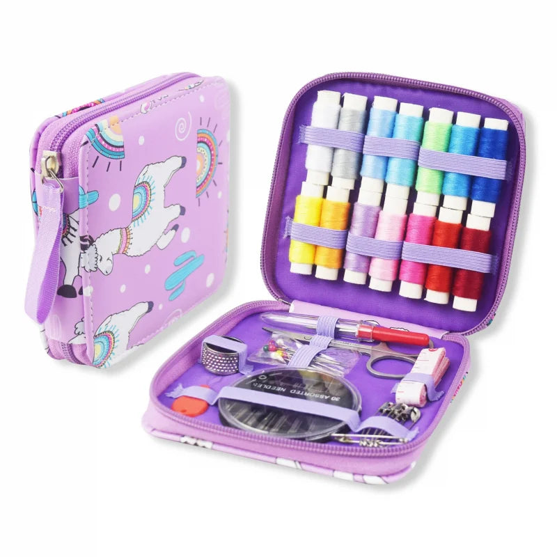 0pen light Purple sewing kit with llama design on a white background