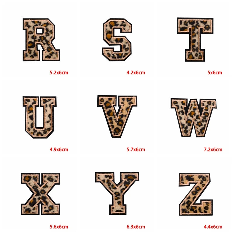 Leopard print alphabet letters R to Z with dimensions on a white background