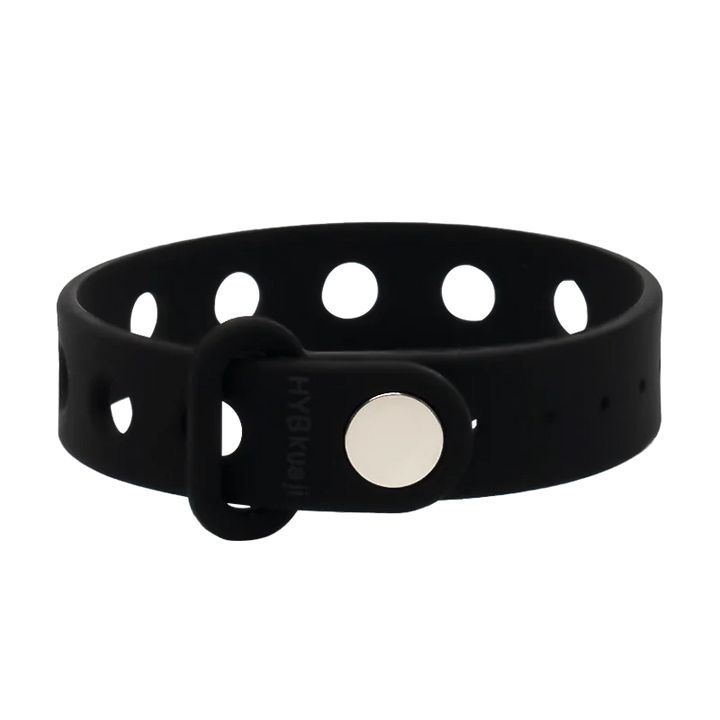 Black wrist band collar with a white brand logo on a white background