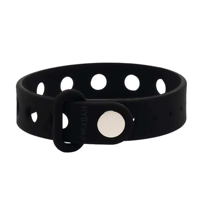 Black wrist band collar with a white brand logo on a white background