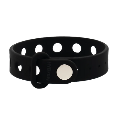 Black wrist band collar with a white brand logo on a white background