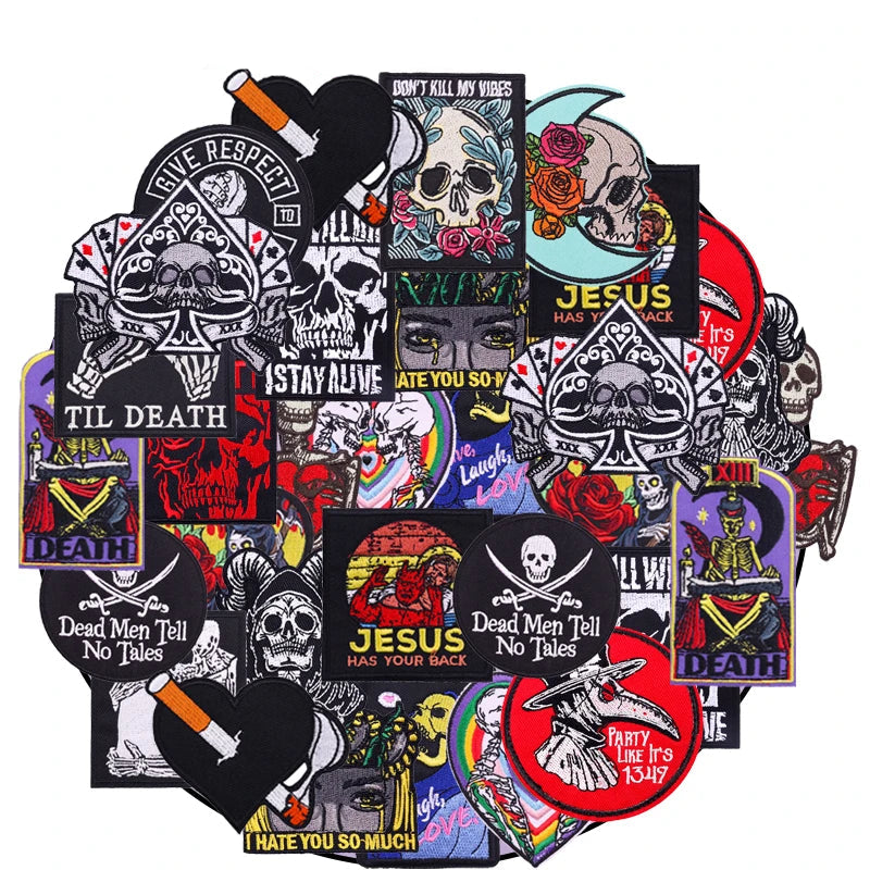 Collection of various patches with different designs on a white background