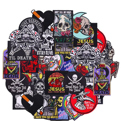 Collection of various patches with different designs on a white background