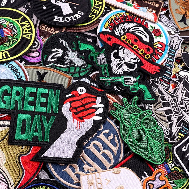 Collection of various patches with different designs and text.