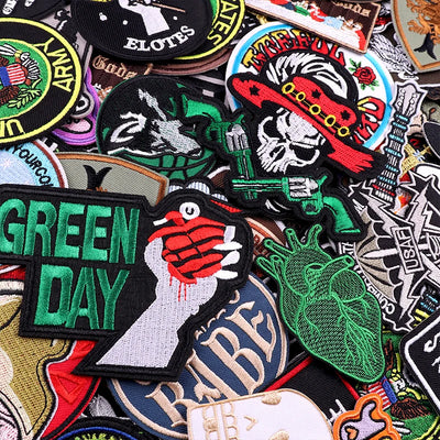 Collection of various patches with different designs and text.